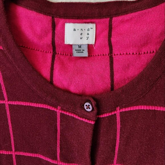 A NEW DAY Y2k vintage Burgundy Pink Checkered Cardigan Sz M 100% cotton preppy - Picture 5 of 8